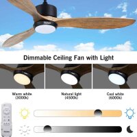 Ovlaim wooden 132cm ceiling fan with LED lighting and remote control, IP44 outdoor ceiling fans with energy-saving DC motor, quiet, natural wood/black