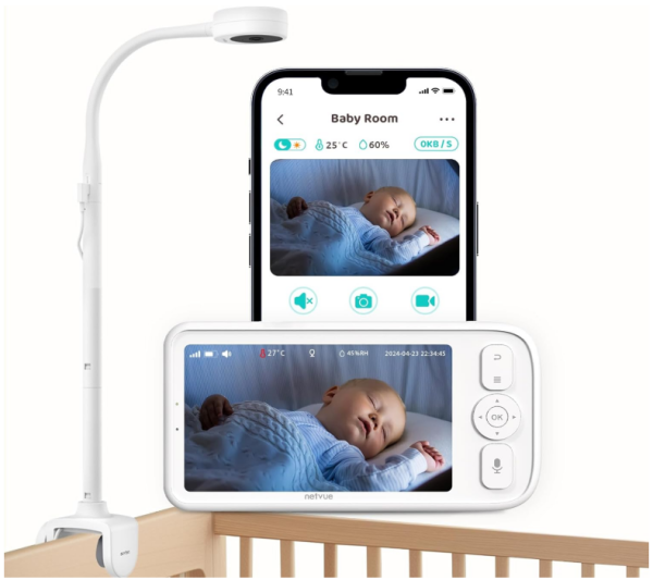 NETVUE Babyphone mit Kamera und 4 in 1 Halter, 5 Zoll 1080P HD Video Babyphone mit App, Kabellos Baby Monitor mit 2-Wege-Audio, VOX Modus, Nachtsicht, Schreierkennung, Schlafanalyse, Temeraturanzeige