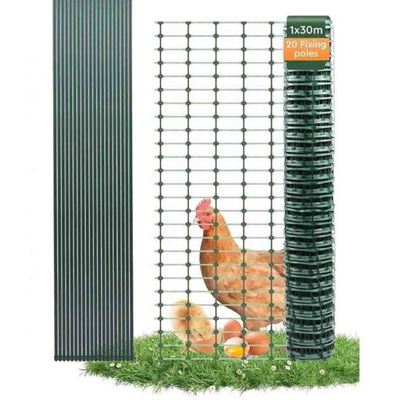 Ezcasch 50m chicken fence (100g/㎡ 1m high) close-meshed dog fence, mobile boundary fence, cuttable barrier fence for small animals, poultry fence including 30x stakes & 200x cable ties