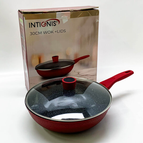 INTIGNIS Wok Antihaftbeschichtung Pfanne mit Deckel, Wokpfanne 30cm Induktion Gas Elektroherd, Kochtopf ohne Chemie