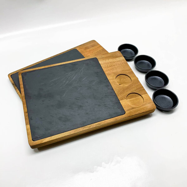 LIKAYA® serving board XXL (with scratch) Domingo set of 2 made of FSC® acacia wood with slate plate & sauce bowls | Grill board, steak board, grill accessories and gift for steak, burgers & sushi!