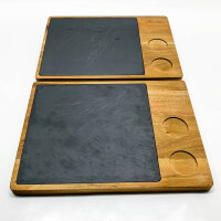 LIKAYA® serving board XXL (with scratch) Domingo set of 2 made of FSC® acacia wood with slate plate & sauce bowls | Grill board, steak board, grill accessories and gift for steak, burgers & sushi!