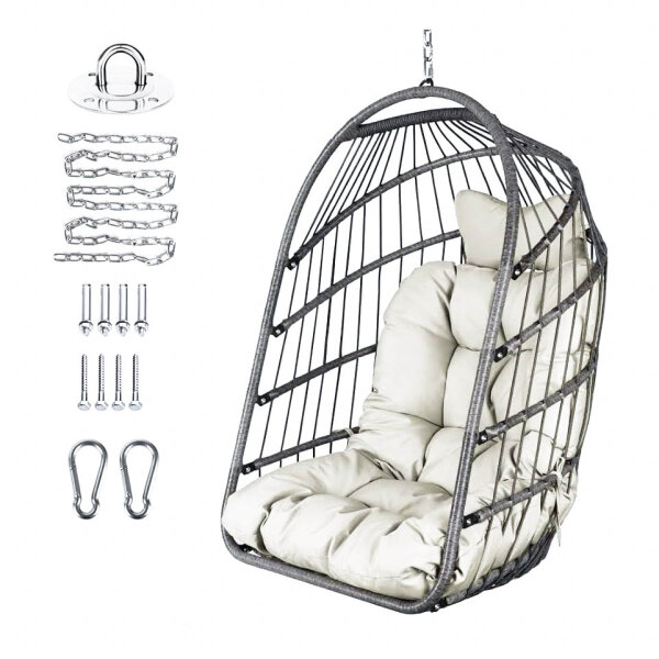 Wicker and Rattan Folding Egg Chair, Indoor Outdoor Hanging Chair, Wicker Chair, Hanging Chair with Stainless Steel Hanging Kit, UV Resistant Cushion, Bedroom, Balcony