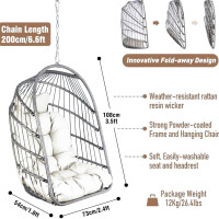 Wicker and Rattan Folding Egg Chair, Indoor Outdoor Hanging Chair, Wicker Chair, Hanging Chair with Stainless Steel Hanging Kit, UV Resistant Cushion, Bedroom, Balcony