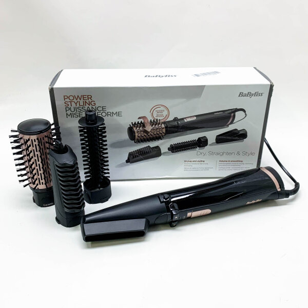 BaByliss Brush & Style AS200E Ionisches rotierendes Heißluftbürsten-Set, 1000 Watt, 4 Aufsätze, Schwarz, 5-teiliges Set