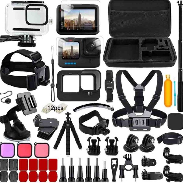 65-in-1 accessory set for GoPro Hero 12/11/10/9 Black, YAVOCOS accessory kit for GoPro action cameras, protective film, waterproof housing, silicone protective case, selfie stick filter for GoPro Hero 9 10 11 12