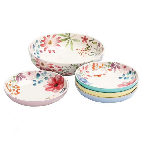 Bico Flower Carnival Ceramic Pasta Bowls Set of 5 (1 Unit 6330ml, 4 Units 1035ml) for Pasta, Salad, Microwave and Dishwasher Safe