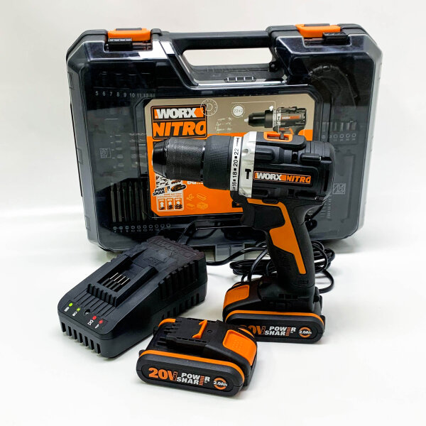 WORX NITRO 18V Cordless Impact Drill (20V MAX) WX352.4, PowerShare, Brushless Motor, 60Nm, Variable Speed ​​Control, LED Light, 75 Piece Accessory Set, 2 2.0Ah Batteries