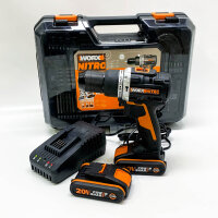 WORX NITRO 18 V Akku-Schlagbohrschrauber (20 V MAX) WX352.4, PowerShare, bürstenloser Motor, 60 Nm, variable Geschwindigkeitsregelung, LED-Licht, 75-teiliges Zubehörset, 2 2,0 Ah-Akkus