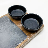 LIKAYA serving board LUIS set of 2 made of FSC® acacia wood with slate plate and sauce bowls - perfect as a grill board, steak board, grill accessory and gift for steak, burgers and sushi