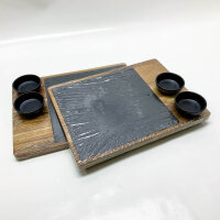 LIKAYA serving board XXL Domingo set of 2 made of FSC® acacia wood with slate plate and sauce bowls | Grill board, steak board, grill accessories and gift for steak, burgers & sushi!