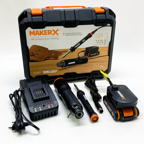 Worx 20V Multi Tool MakerX 2 Tool Combo Set WX989, Mini Hot Air Gun + Soldering Iron, PowerShare, 1pc 2Ah Battery with Indicator, 1pc 2Ah Charger