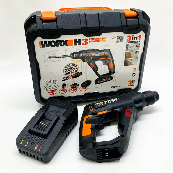 Worx Akku-Bohrhammer 20 V WX390.4 (Akku und Aufsatz fehlt), PowerShare, 3-in-1 Bohrmaschine, Schraubendreher und Hammer mit 30-teiligem Zubehörset, LED-Licht, tragbar und leicht, mit Akku und Ladegerät, WX390.4