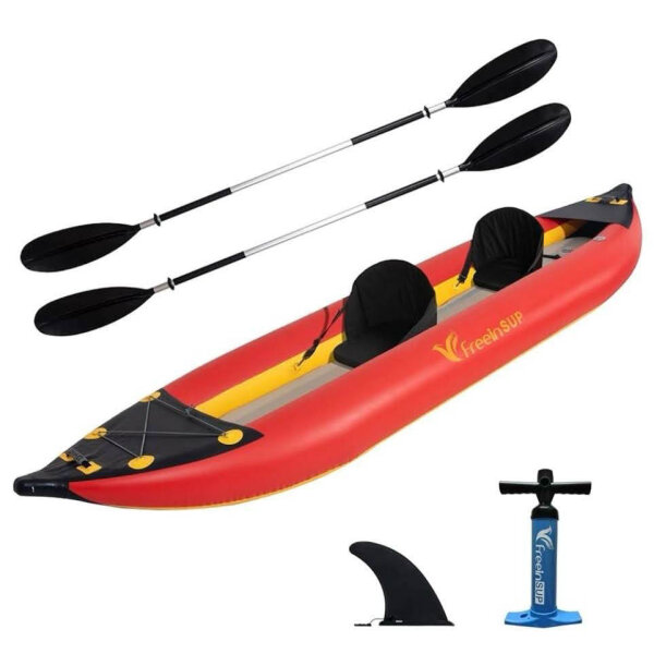 freein Kayak Notfallboot 2 Personen Professional Series Leichtes Aufblasbares 126" Kajak Sit-in Kajak Set mit Paddel | Sitz | Flosse | Hochleistungs-Luftpumpe | Tragetasche