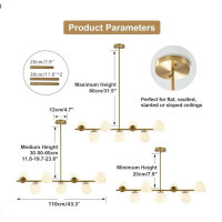 KCO Moderne goldene Decken-Kronleuchterlampe mit weißen Milchglaskugeln, verstellbarer Schlafzimmer-Anhänger-Kronleuchter für Esszimmer, Wohnzimmer, Küche