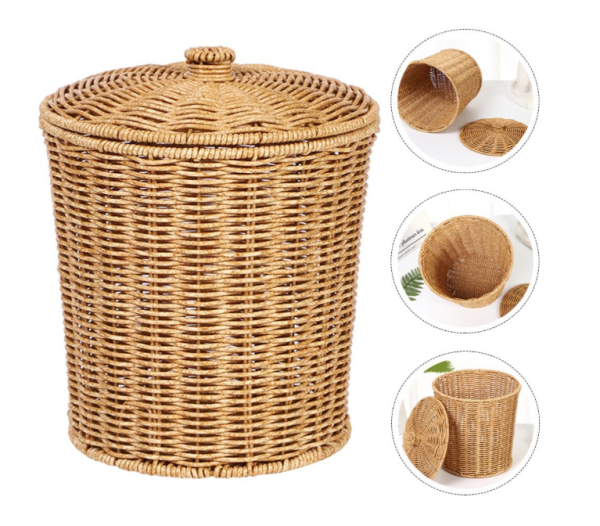 ABOOFAN Basket Trash Can Braided Trash Can Rattan Waste Basket With Lid Wicker Basket Braided Storage Basket Round Trash Can Garbage Bin Clothes Bin