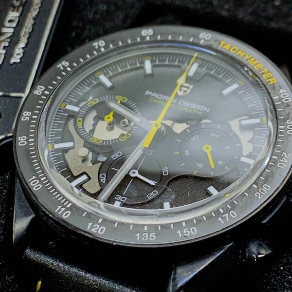 Pagani Design Watch 1779 Mens Chronograph Quartz Watches Moon Frosted Dial VK63 Movement Leather Strap 100M Waterproof Fashion Sports Watch, Yellow