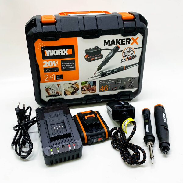 WORX Akku Multifunktionswerkzeug & Lötkolben Set 18V(20V MAX) MakerX WX988, Bürstenlos Motor, PowerShare, mit Universal Zubehören 2Ah Akku & Ladegerät, Hub, Variable Drehzahl, Temperatur Einstellbar