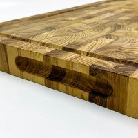 Cutting board made of end grain butcher block, without original packaging [3.8 cm thick]. Made from teak and conditioned with beeswax, linseed oil and lemon oil. 51 x 36 cm cutting board from Ziruma