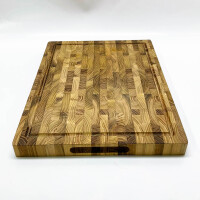 Cutting board made of end grain butcher block, without original packaging [3.8 cm thick]. Made from teak and conditioned with beeswax, linseed oil and lemon oil. 51 x 36 cm cutting board from Ziruma