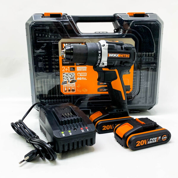 WORX NITRO 18V (20V MAX) Akku-Bohrschrauber WX102.1, PowerShare, bürstenlos, 60Nm, 2-stufige Drehzahlregelung, Kupplung mit 18+1 Positionen, LED-Licht, 2x2Ah-Akkus, Ladegerät, 75-teiliges Zubehörset