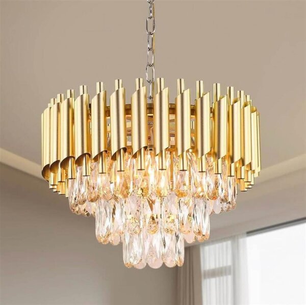 FRIXCHUR 15,7 Kristall-Kronleuchter-Leuchten Modernes Gold-Pendelleuchte 3-Tier-Kristall-Kronleuchter-Leuchte Raindrop Flush Mount Deckenleuchte für Esstisch Küche Insel Wohnzimmer E14x5 Bulb…
