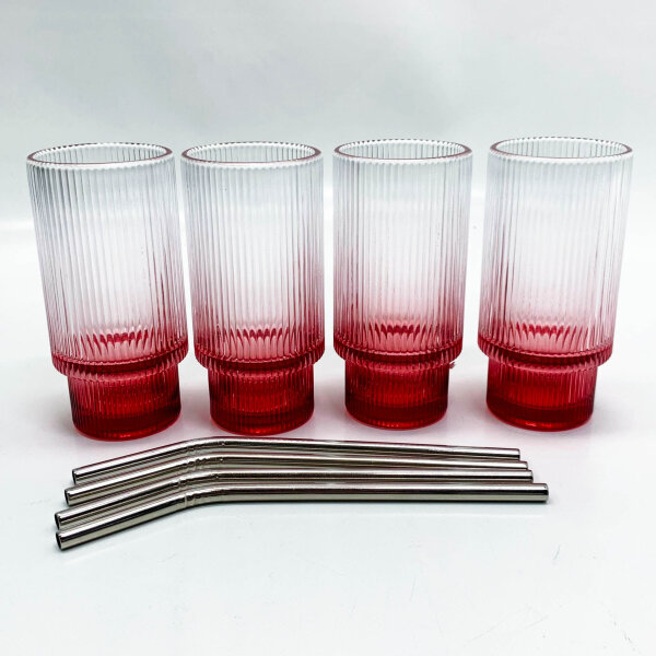 Smiths Mason Jars 4 Pack Ribbed 16oz Glasses with Straw Glassware Set - 10oz Iced Coffee Cups, Origami Style Fluted Tumbler for Cocktails, Juice (Red)