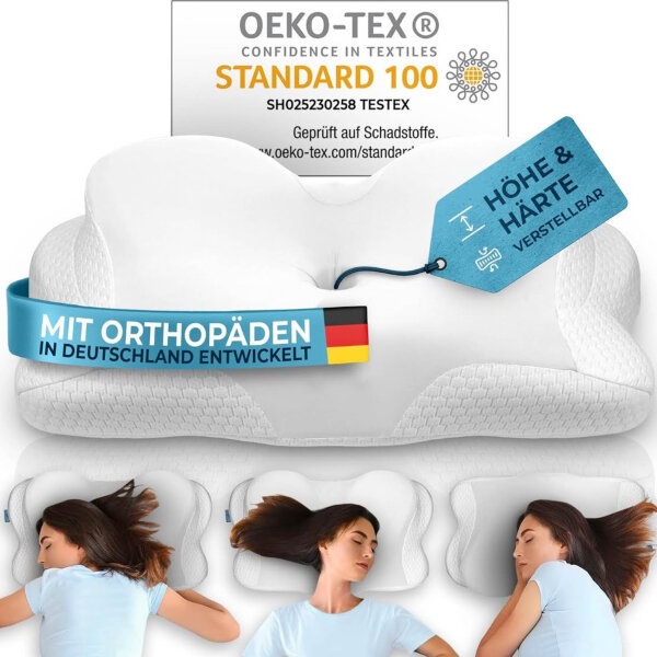 Glückstoff Orthopädisches Kissen [Innovationspreis für Ergonomie nominiert] Kopfkissen Nackenschmerzen aus Memory Foam | Nackenstützkissen Ergonomische Nackenrolle Seitenschläferkissen Weiß