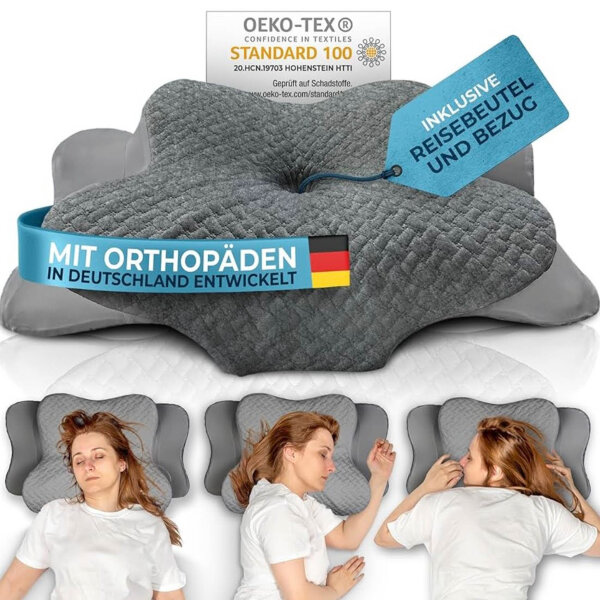 Glückstoff® Orthopädisches Kissen, Kopfkissen Nackenschmerzen aus Memory Foam | Nackenstützkissen Ergonomisches Kopf-Kissen Seitenschläferkissen Grau