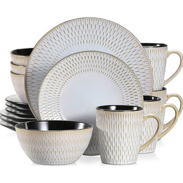 Combination service stoneware, vancasso PLUVO dinner service, 16-piece dining tableware set with 4 dinner plates, cake plates, bowls and cups for 4 people