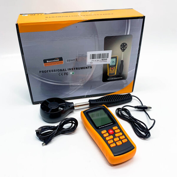 Bonvoisin Tragbares Anemometer, CFM/CMM-Luftströmungsgeschwindigkeitsmesser mit hintergrundbeleuchtetem LCD-Display für HVAC-Luftgeschwindigkeitstemperatur im Kanal (Flügelrad-Anemometer)