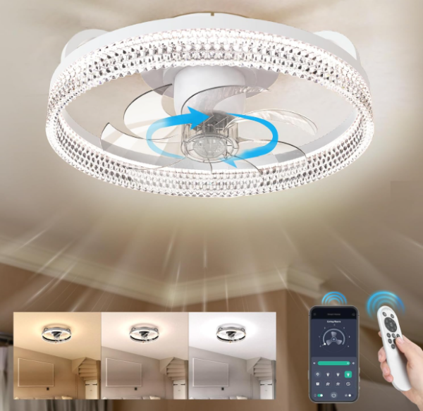 FIMEI 19.7 Ceiling Fans with Light, 6 Speed ​​Reversing Blades, Dimmable, Remote Control and App, Chandelier Ceiling Fan, Timer, 360° Oscillation, DC Motor