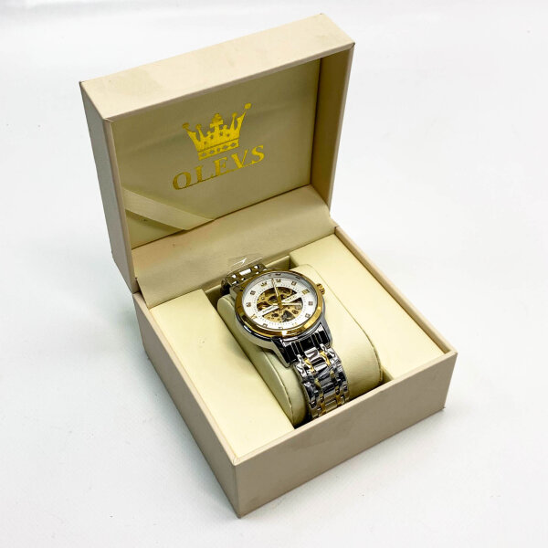 OLEVS Herrenuhren Automatik Skelett Gold Weiß Mechanische Armbanduhr mit Diamant Wasserdicht Leuchtende Männer Uhr, G9901