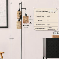 EDISHINE Boho Stehlampe Wohnzimmer 163cm (ohne OVP), Vintage Standleuchte Dimmbar, Industrial Stehleuchte Schwarz mit LED E27 Leuchtmittel, 3 Käfig Lampenschirm aus Rattan & Fußschalter, für Modern Deko