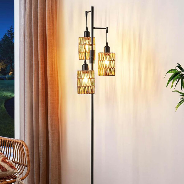 EDISHINE Boho floor lamp living room 163cm, vintage floor lamp dimmable, industrial floor lamp black with LED E27 bulb, 3 cage lampshade made of rattan & foot switch, for modern decoration