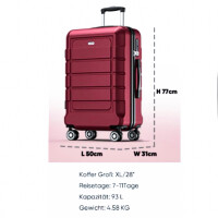 SHOWKOO Koffer Groß Hartschale Leicht Reisekoffer, Größe 76 x 54 x 31, 5 KG, ABS+PC Erweiterbar Haltbar Trolley Handgepäck Große Kapazität mit 4 Rollen und TSA Schloss, XL -Rot