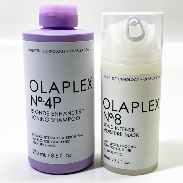 Olaplex Nº4P Blonde Enhancer Tönungsshampoo 250 ml und Olaplex No.8 Bond Intense Feuchtigkeitsmaske, 100 ml