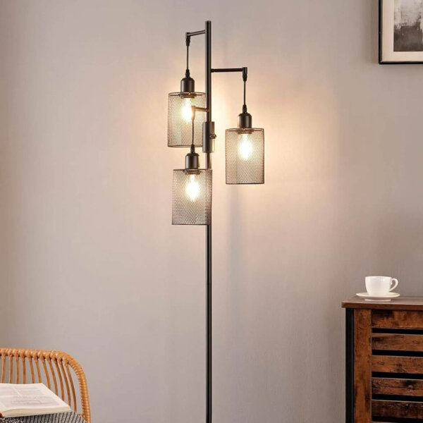 EDISHINE Stehlampe Wohnzimmer 163cm (mit minimalen Kratzern), Retro Standleuchte Dimmbar, Industrial Stehleuchte Schwarz mit LED E27 Leuchtmittel, 3 Käfig Lampenschirm aus Metall, für Modern Deko Schlafzimmer, Geschenk, DHLFL03H