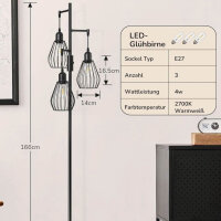 EDISHINE Vintage Stehlampe Wohnzimmer, Standleuchte Dimmbar 3 flammige, Industrial Stehleuchte Schwarz, mit 3 LED E27 Leuchtmittel & Fußschalter, Käfig Lampenschirm aus Metall, E27 Fassung, DHLFL03F