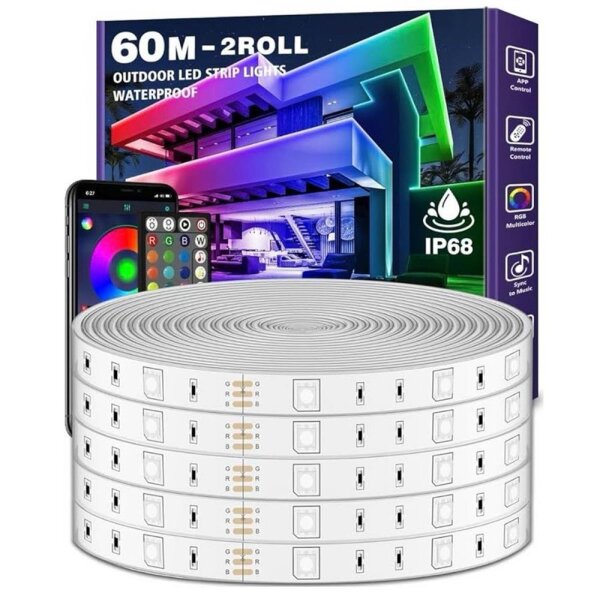 LETIANPAI Outdoor LED String Lights 60m Waterproof IP68 with App and Remote Control Music Sync Outdoor RGB LED String Lights with Adhesive Backing