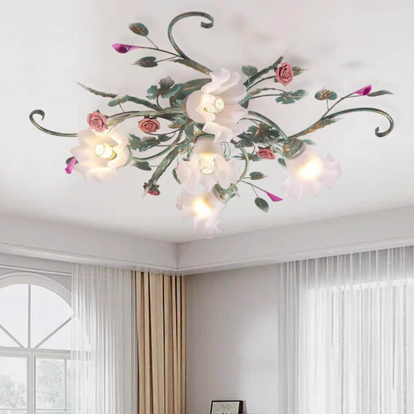 Deckenleuchte Landhaus,Vintage Blumen Design Metall Pendelleuchte, Kronleuchter Mit Glas Lampenschirm Und Rosa Rosen Keramik Für Wohnzimmer Schlafzimmer Restaurant Flur 5 Kopf Grün