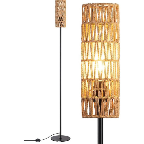 EDISHINE Stehlampe Wohnzimmer, LED Stehleuchte mit Lampenschirm aus gewebtem Seil, Stehlampe vintage 2700K, Boho Stehlampe E27 für Schlafzimmer, Kinderzimmer oder Ecksofa, Höhe 165 cm, Rattan, DHLFL09H