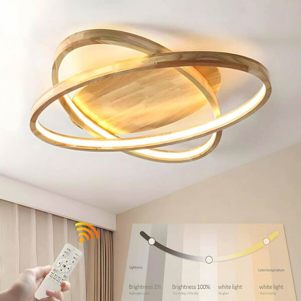 SENFAY LED Holz Deckenleuchte Dimmbar mit Fernbedienung 2-Ring Deckenlampe Ø55cm Runde Modern 50W Dekor Wohnzimmer-Lampe, Ultradünne Oval Schlafzimmer Deckenlicht, Acryl-Schirm Decke Licht Holzlicht