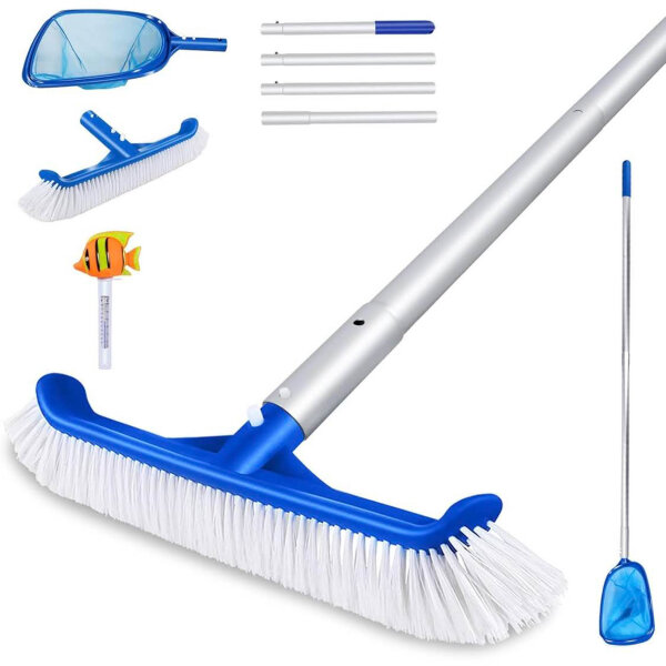 MASTERTOP pool cleaning set of 3, pool accessories cleaning set, adjustable pool brush with aluminum handle and pool landing net, pool broom, swimming pool brush, floor brush for swimming pools