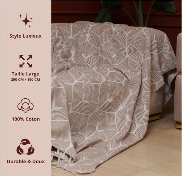 Swave Sofaüberwurf 290 x 190 cm Beige/Braun luxuriös 100 % Baumwolle XXL Mehrzweckdecke Bettdecke Sofabezug mit Fransen