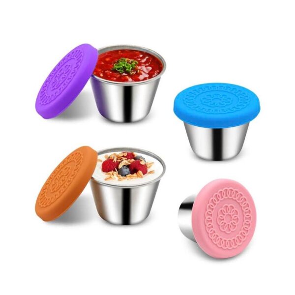Lebensmittelbehälter 4 x 70 ml Edelstahl Bento-Boxen mit Silikondeckel für Gewürze Salat Soße wiederverwendbare Mini-Lunchbox