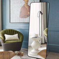 Koonmi Standing Mirror with Rounded Corners, 53 x 163 cm Round Corners Full Length Mirror with Stand, Large Floor Standing Mirror Full Length Mirror Wall Hanger for Bedroom, Living Room, Black