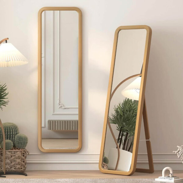 LVSOMT Standing mirror, full-length mirror made of wood, 160 x 46 cm, wall mirror, large, full-length mirror, wooden frame, wooden mirror, rectangular, modern mirror, standing for bedroom, changing room, hallway, wood