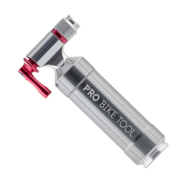 Pro Bike Tool CO2 cartridge pump - pump up quickly with the inflator. Fits Presta & Schrader valves. Air pump for racing bikes and mountain bikes. Metal storage container - No CO2 cartridges included