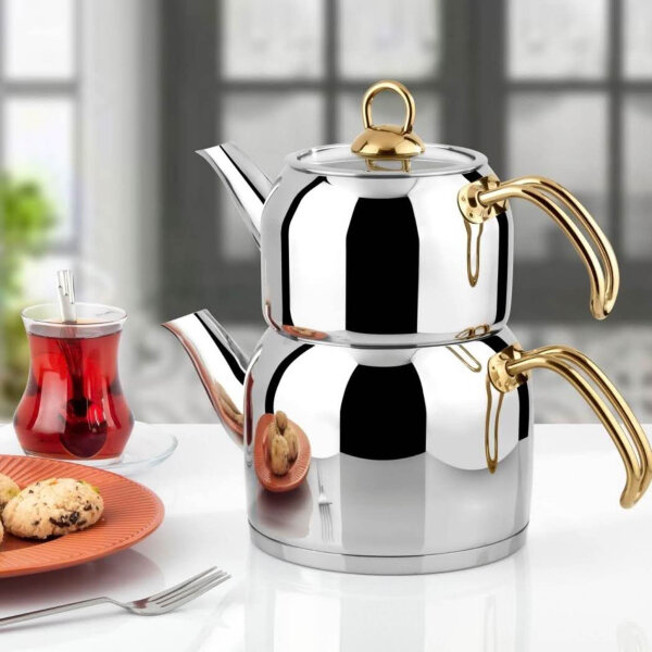 Uzman Türkische Teekanne (ohne OVP) Tea Pot Ideale Größe Silber Gold auch Induktion geeignet, Caydanlik Goldgriff 2,9 Liter Samowar Semaver Teekocher mit Glasdeckel & integriertem Sieb